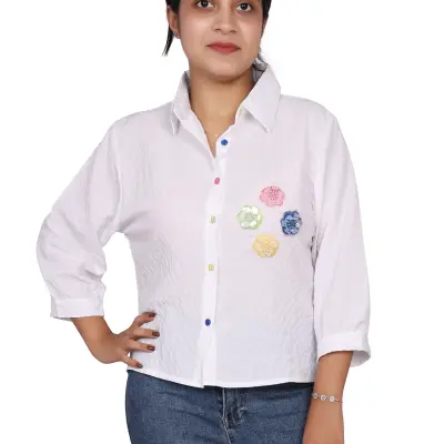 WHITE MULTICOLOR FLOWER EMBROIDERY CASUAL SHIRT FREE SIZE