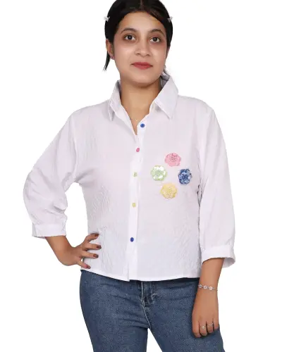 WHITE MULTICOLOR FLOWER EMBROIDERY CASUAL SHIRT FREE SIZE