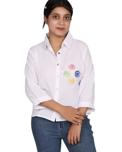 WHITE MULTICOLOR FLOWER EMBROIDERY CASUAL SHIRT FREE SIZE