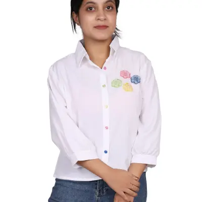 WHITE CROCHET FLOWER EMBROIDERY CASUAL SHIRT FREE SIZE