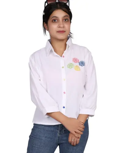 WHITE CROCHET FLOWER EMBROIDERY CASUAL SHIRT FREE SIZE