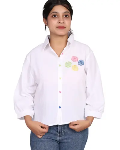 WHITE CROCHET FLOWER EMBROIDERY CASUAL SHIRT FREE SIZE