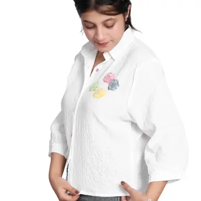 WHITE SEQUIN FLOWER EMBROIDERY CASUAL SHIRT FREE SIZE