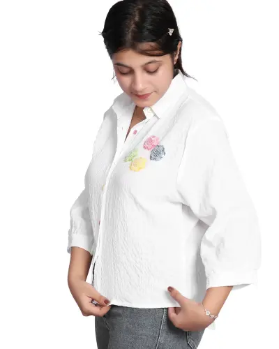 WHITE SEQUIN FLOWER EMBROIDERY CASUAL SHIRT FREE SIZE