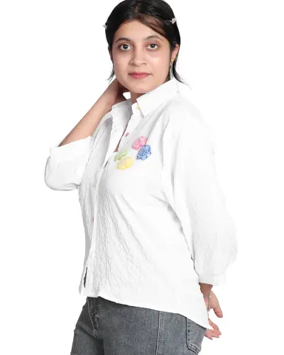 WHITE SEQUIN FLOWER EMBROIDERY CASUAL SHIRT FREE SIZE
