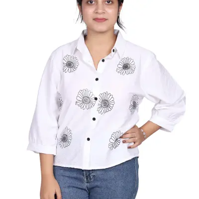 WHITE DAISY EMBROIDERY CASUAL SHIRT FREE SIZE