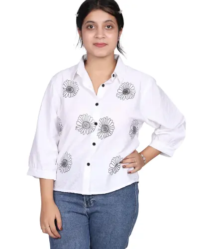 WHITE DAISY EMBROIDERY CASUAL SHIRT FREE SIZE