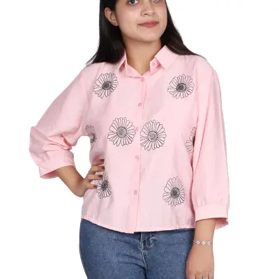 PINK DAISY EMBROIDERY CASUAL SHIRT FREE SIZE