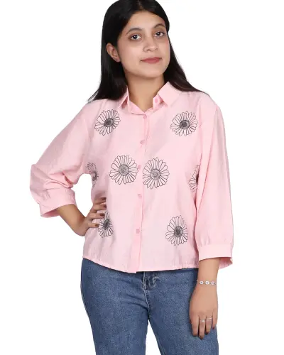 PINK DAISY EMBROIDERY CASUAL SHIRT FREE SIZE