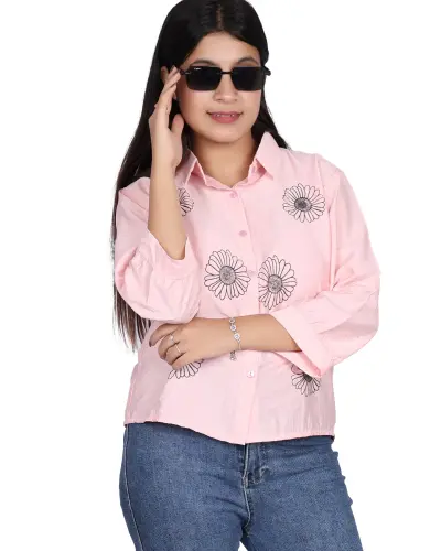 PINK DAISY EMBROIDERY CASUAL SHIRT FREE SIZE