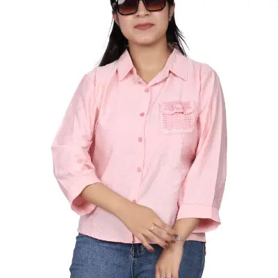 PINK EMBROIDERY POCKET CASUAL SHIRT FREE SIZE