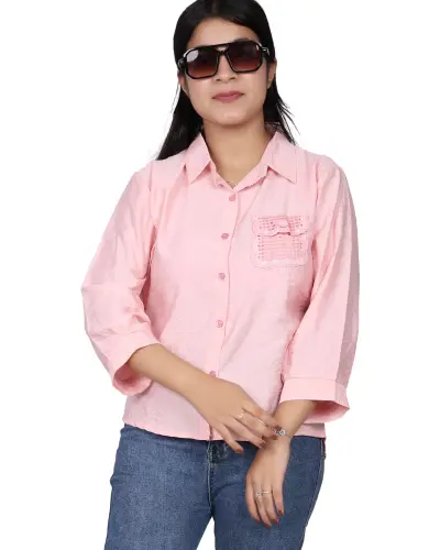 PINK EMBROIDERY POCKET CASUAL SHIRT FREE SIZE