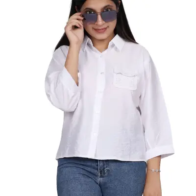 WHITE EMBROIDERY POCKET CASUAL SHIRT FREE SIZE
