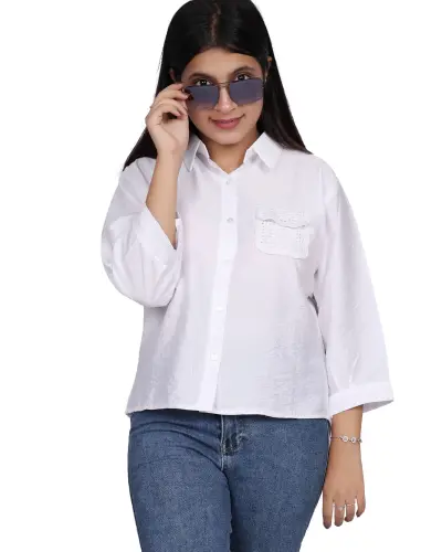 WHITE EMBROIDERY POCKET CASUAL SHIRT FREE SIZE