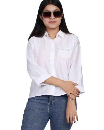 WHITE EMBROIDERY POCKET CASUAL SHIRT FREE SIZE