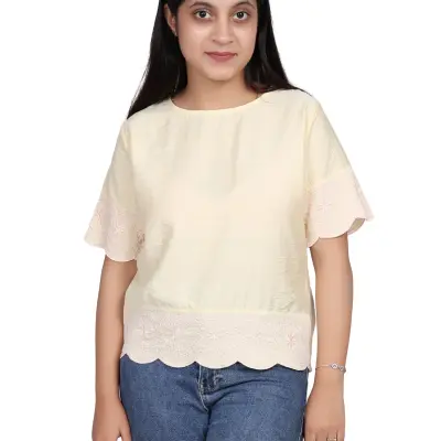 YELLOW SCALLOP LACE EMBROIDERY TOP FREE SIZE