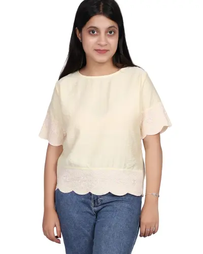 YELLOW SCALLOP LACE EMBROIDERY TOP FREE SIZE