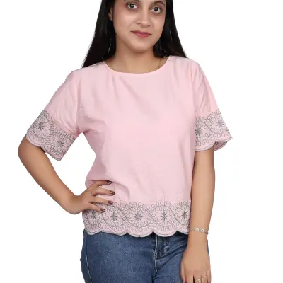 PINK SCALLOP LACE EMBROIDERY TOP FREE SIZE
