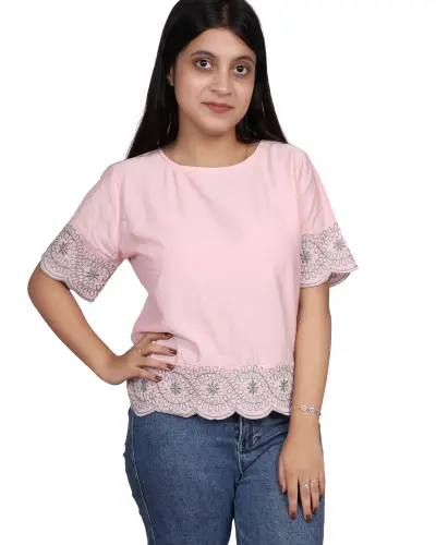 PINK SCALLOP LACE EMBROIDERY TOP FREE SIZE