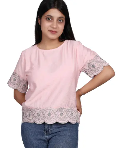 PINK SCALLOP LACE EMBROIDERY TOP FREE SIZE