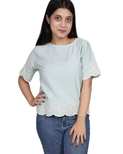 MINT SCALLOP LACE EMBROIDERY TOP FREE SIZE