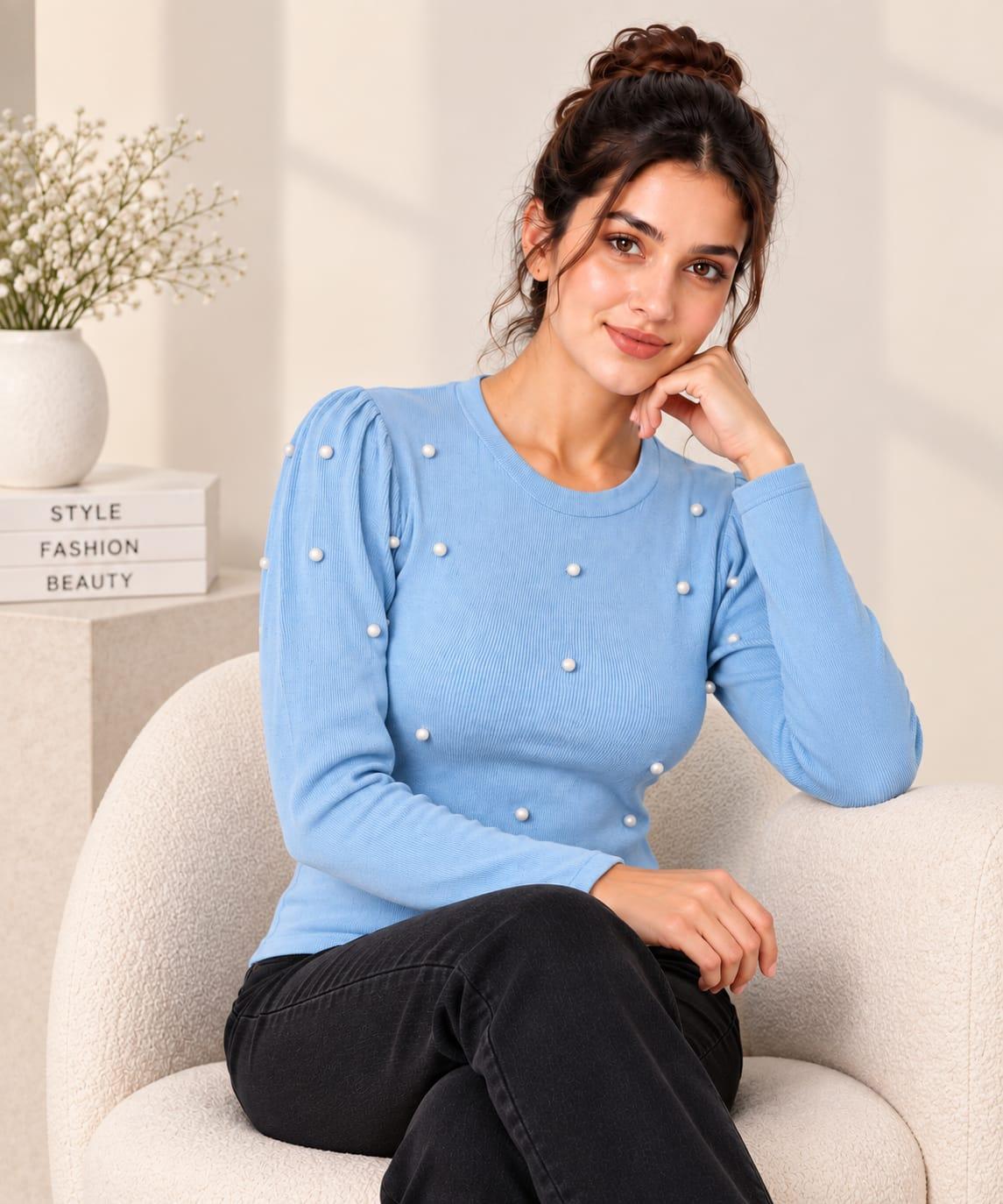 Sky Blue Pearl Detail Top Premium Quality