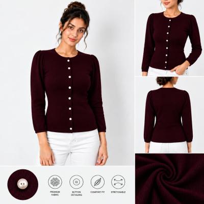 Women's Maroon Ribbed Button-Down Top With Puff Sleeves
