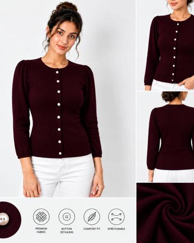 Women's Maroon Ribbed Button-Down Top With Puff Sleeves