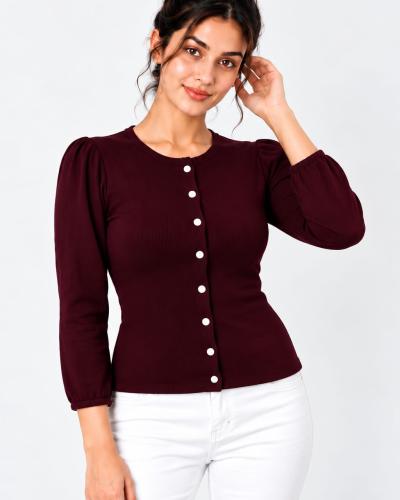 Women's Maroon Ribbed Button-Down Top With Puff Sleeves